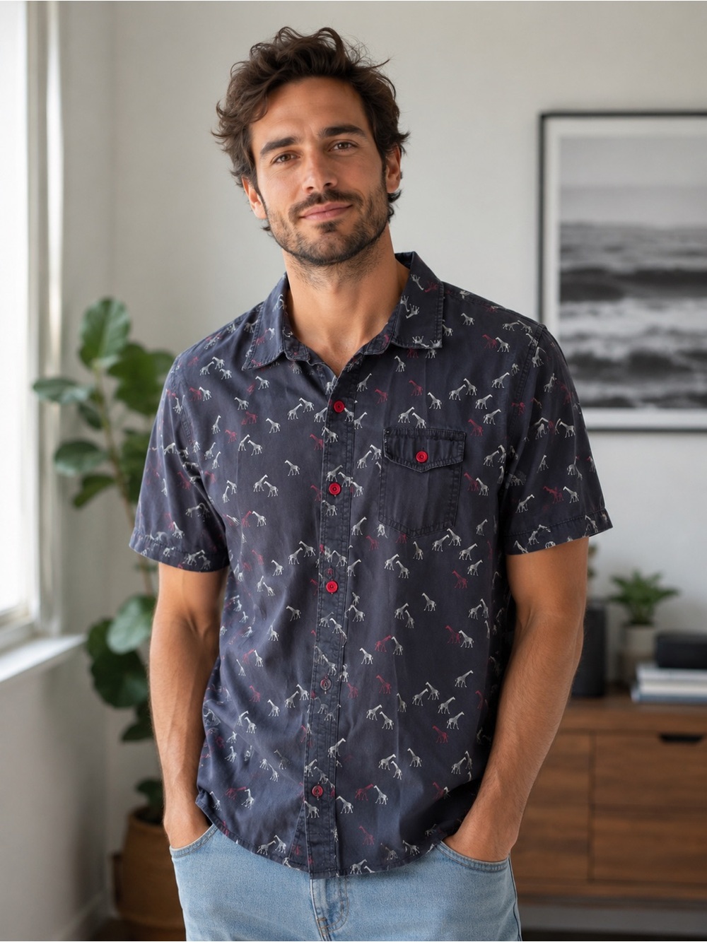 Lrg Navy Short-Sleeve Button-Down Shirt with Giraffe Print